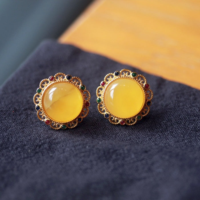Vintage Style Amber Stone Framed Earrings