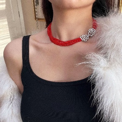 Chunky Red Stones Braided Choker - Camille Flower Closure