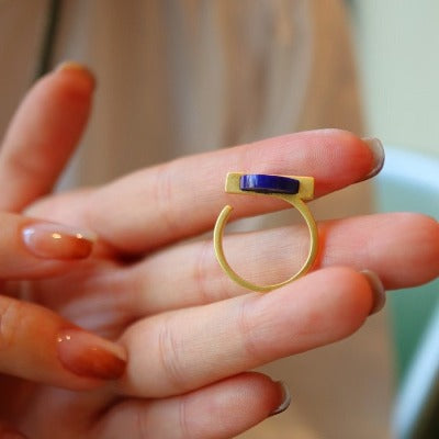 Minimalist Round Gem Ring - Genuine Lapis Lazuli - adjustable