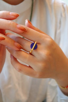 Minimalist Round Gem Ring - Genuine Lapis Lazuli - adjustable